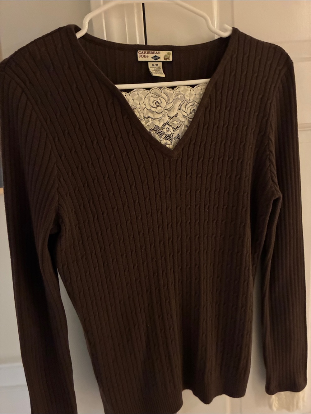 Caribbean Joe Women's Dark Brown Ribbed V-Neck Sweater